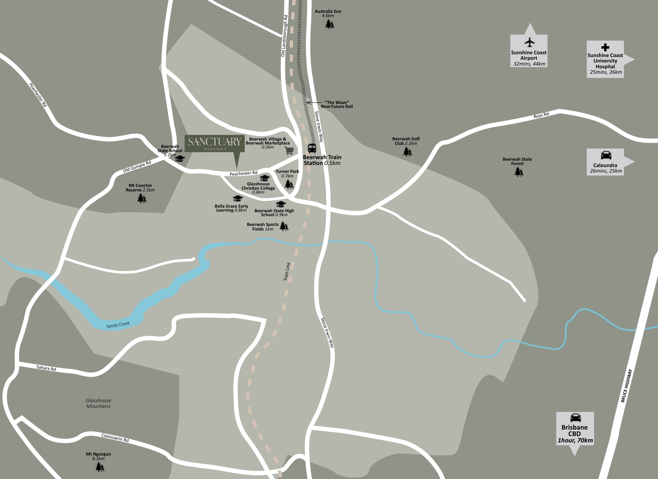 Map of Beerwah showing Sanctuary Beerwah's position relative to local shops, schools, the train station and the Glasshouse Mountains