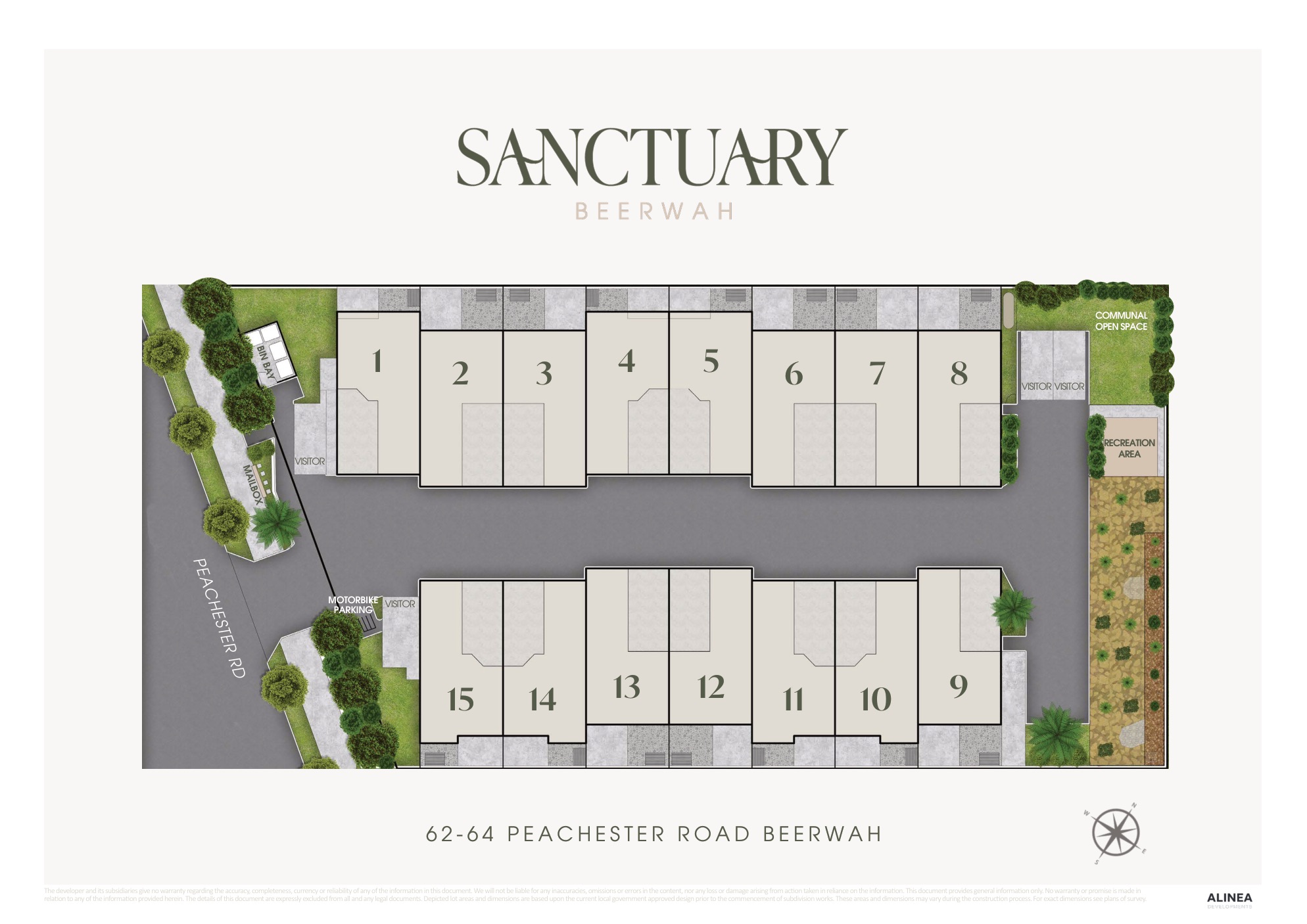 Sanctuary Beerwah site plan showing the 15 townhomes, recreation area and communal open space at 62–64 Peachester Road